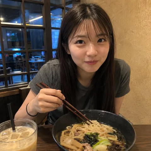 Ultra realistic japanese restaurant girl eating noodles mobile snap