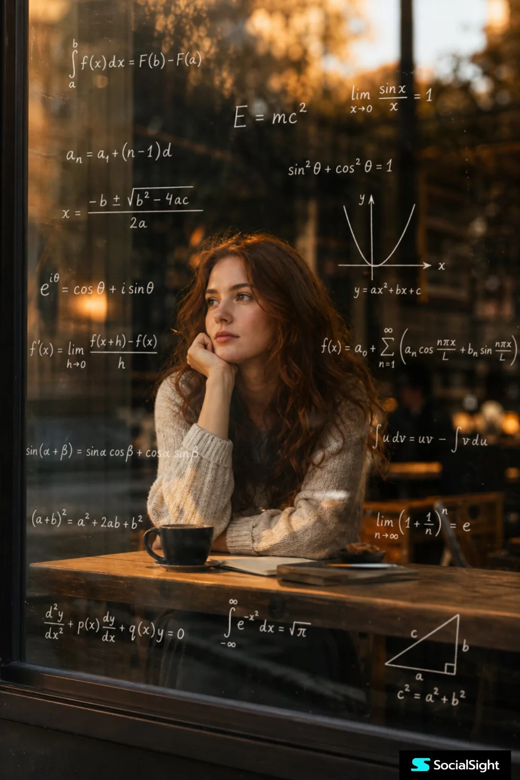 Cinematic math girl cafe reflection prompt — After