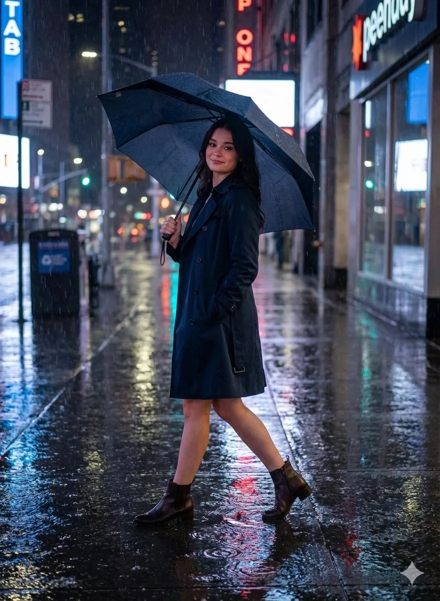 Neon rainy night urban fashion walk — Sonra