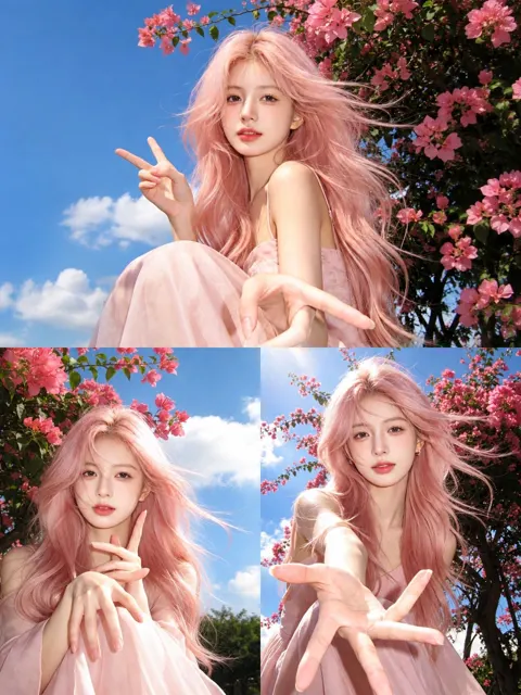 Asian girl pink hair bougainvillea snapshot style