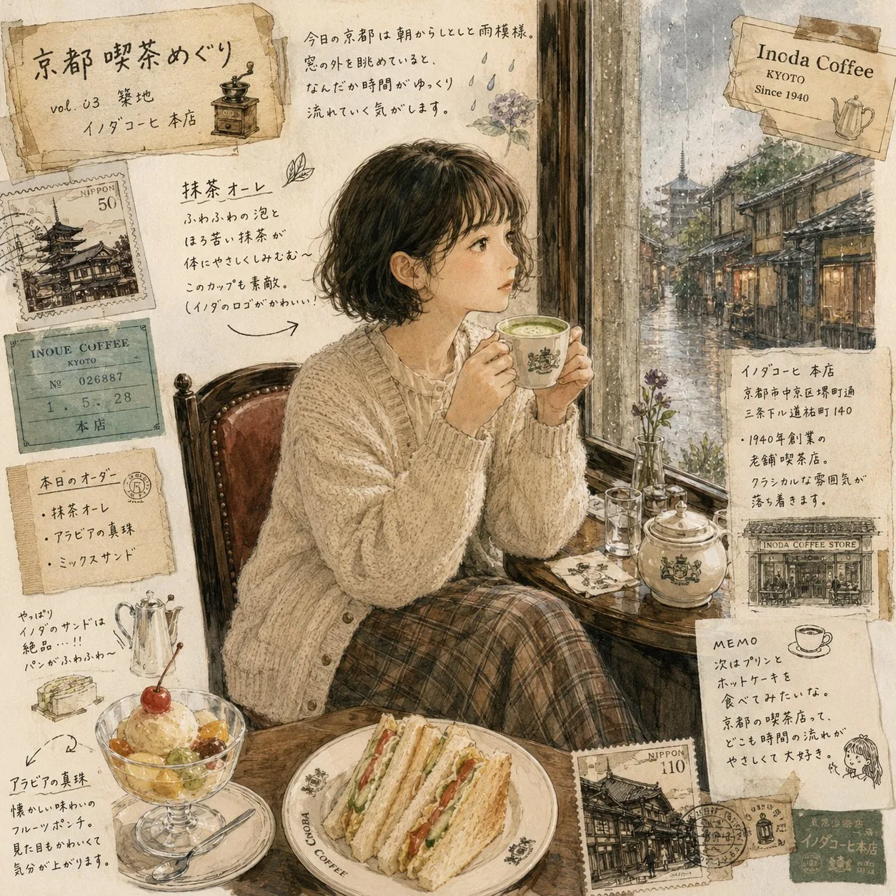 Kyoto cafe rainy day japanese woman photography illustration — Sonra