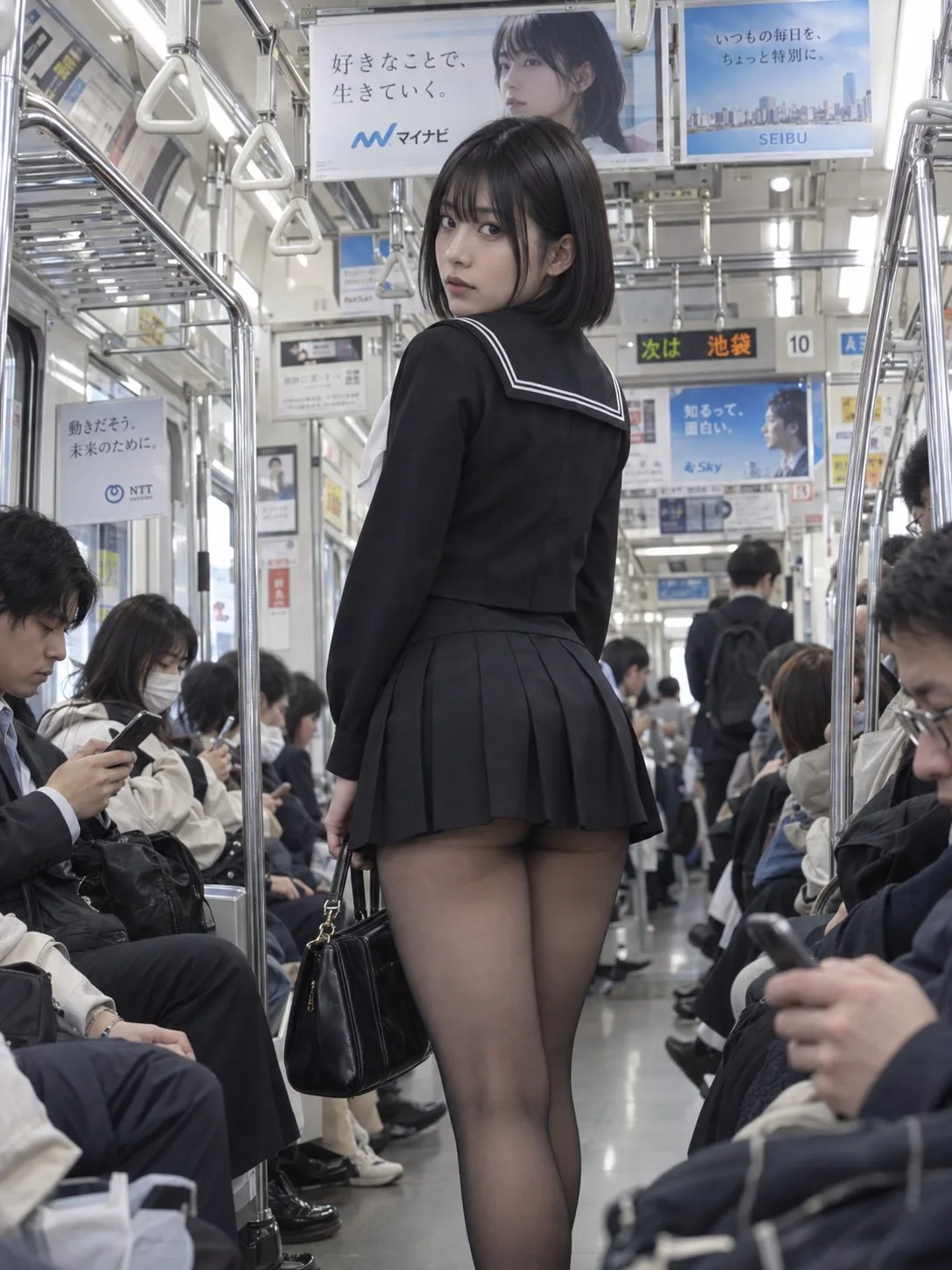 Hyper realistic japanese subway street photography sailor uniform — After