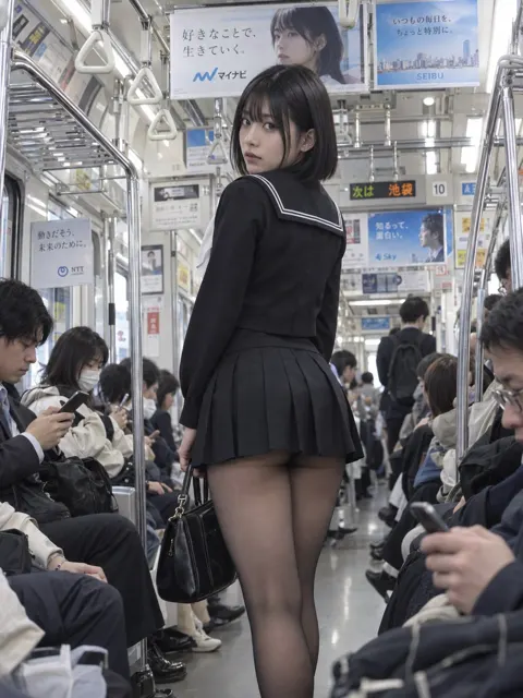 Hyper realistic japanese subway street photography sailor uniform
