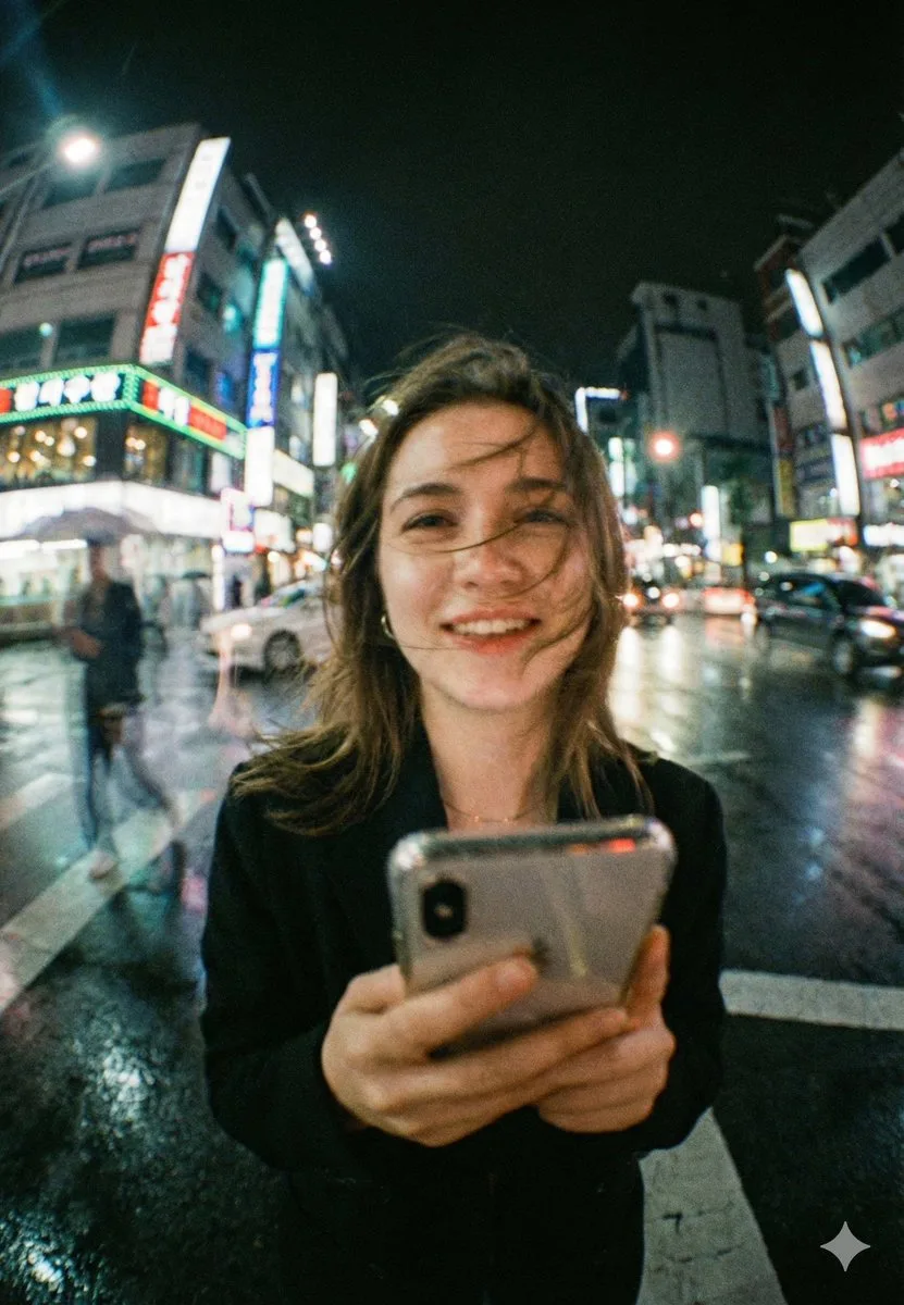 Neon rainy wide angle city girl — Sonra