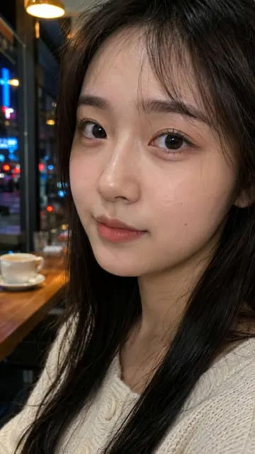 Realistic iphone portrait young chinese woman cafe night
