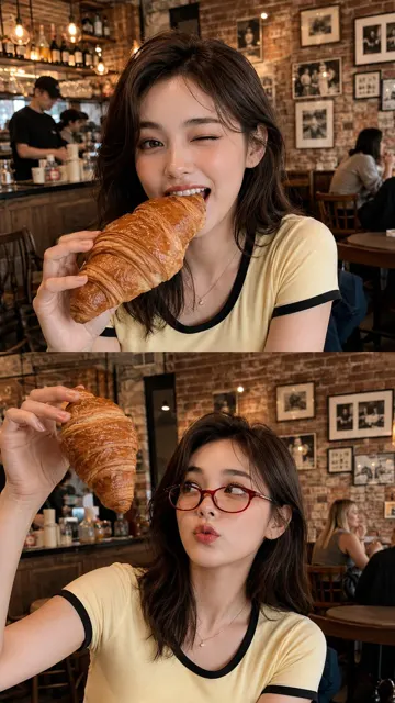 Young woman cafe croissant lifestyle collage