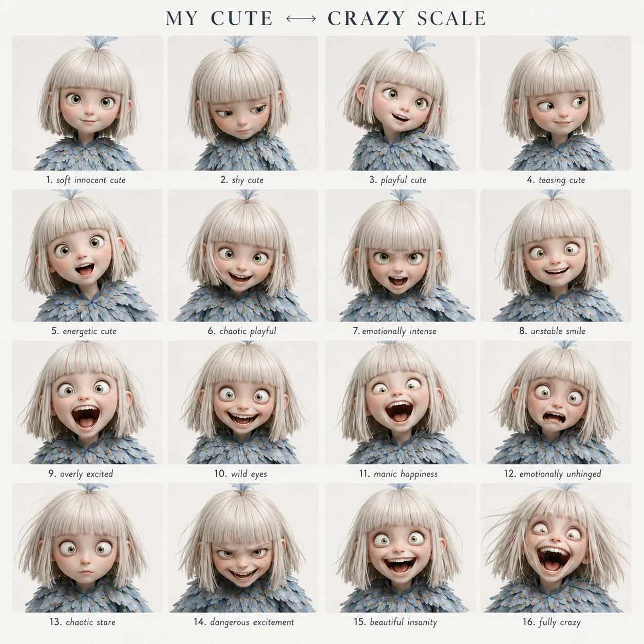 Cute to crazy emotional grid prompt — Sonra