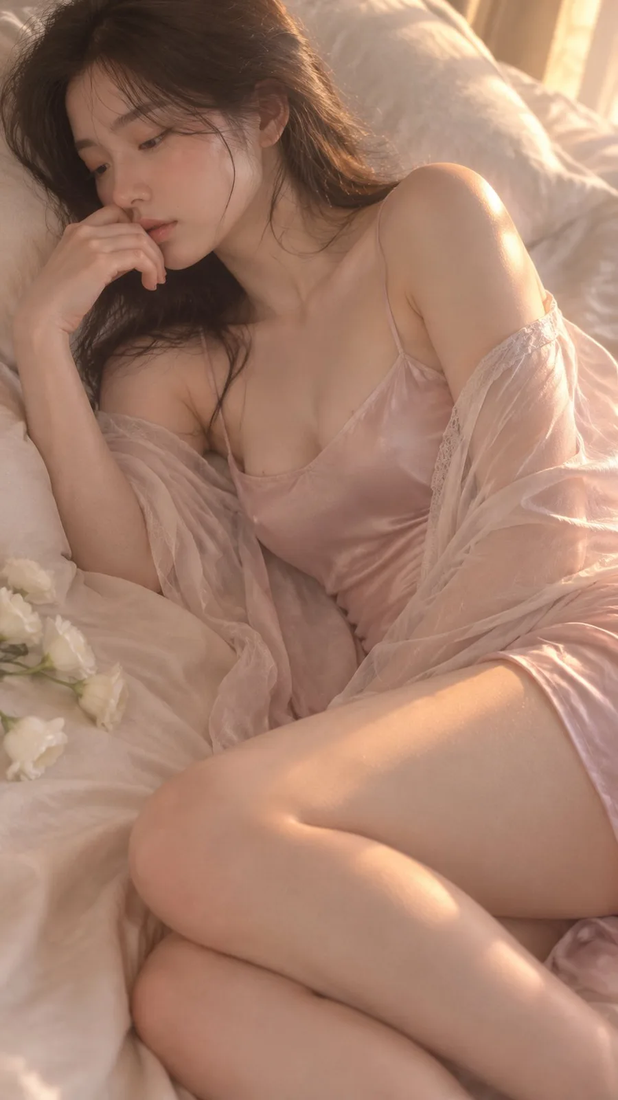 Realistic bedroom loungewear portrait east asian woman — Sonra