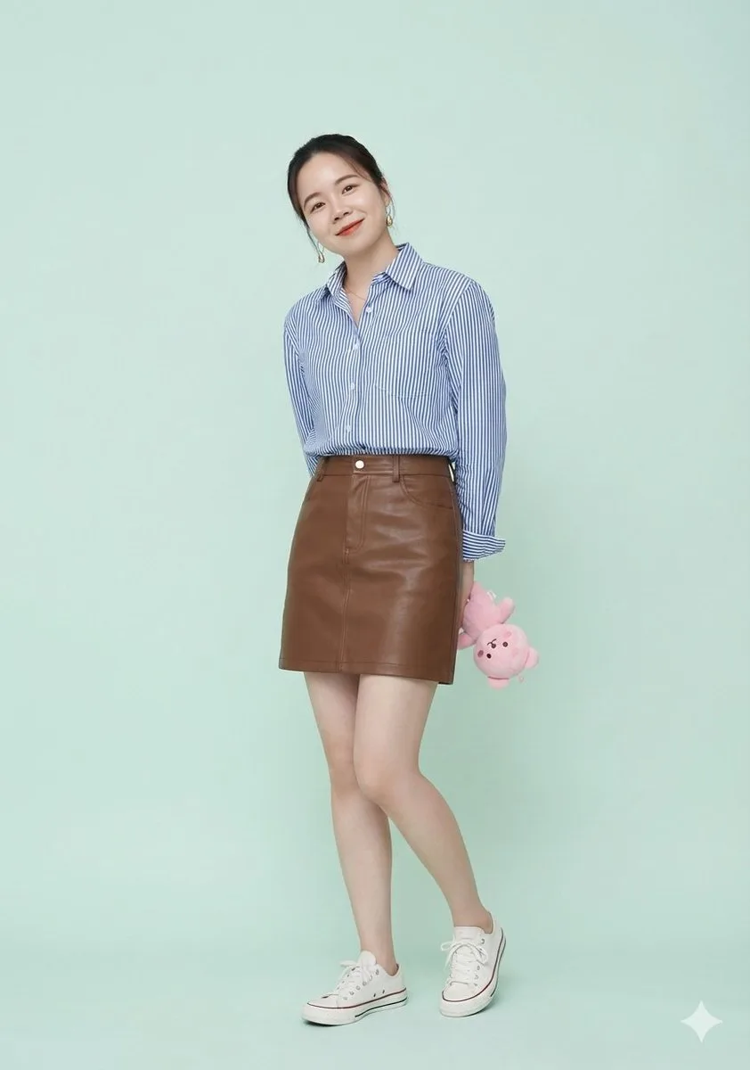 Sweet girl striped shirt leather skirt — After