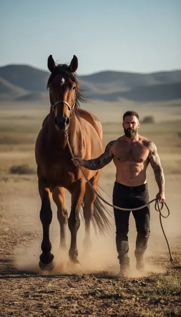 Twilight wilderness giant horse man