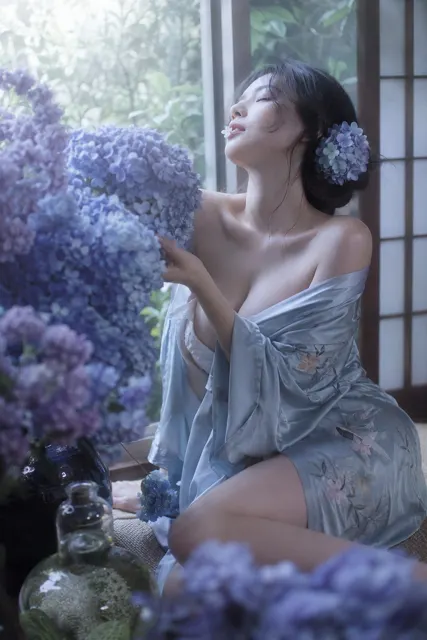 Japanese style soft focus hydrangea photography