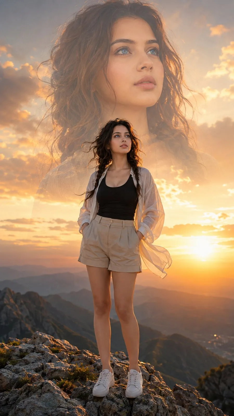Ultra realistic cinematic double exposure mountain portrait — Sonra