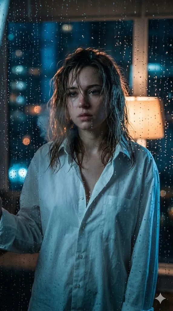 Rainy window white shirt girl — Sonra
