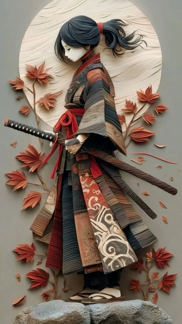 Elegant female samurai layered paper wood relief sculpture — After