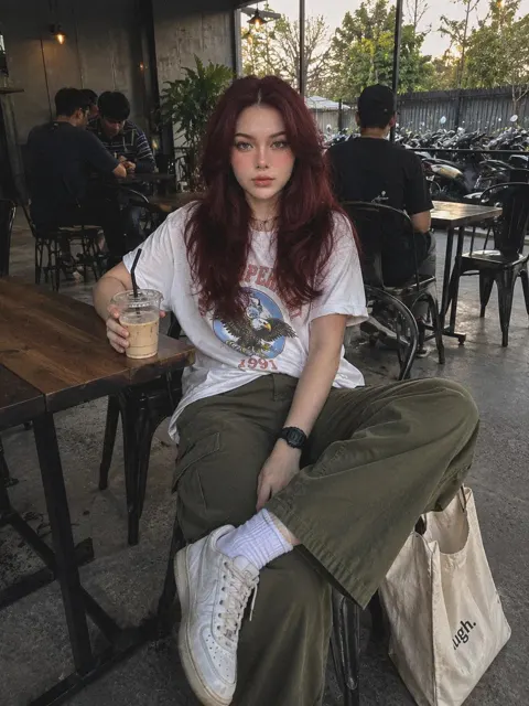 Indonesian industrial cafe realistic woman photo