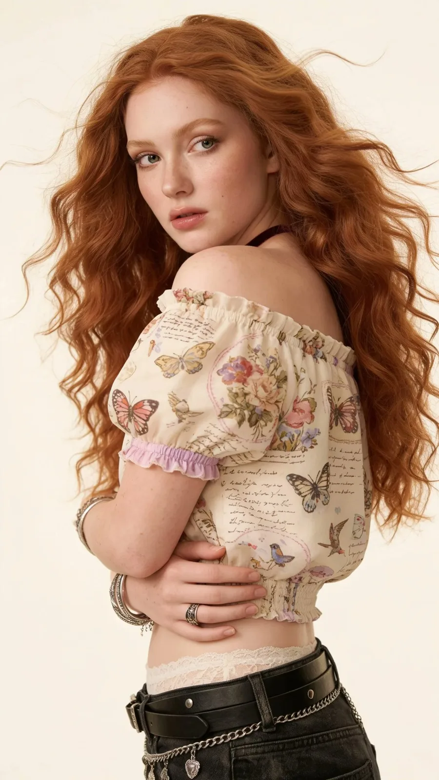 Ultra realistic fashion editorial red haired woman studio portrait — After