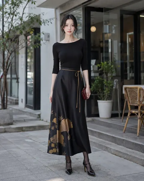 Black knit top gold ginkgo satin skirt outfit