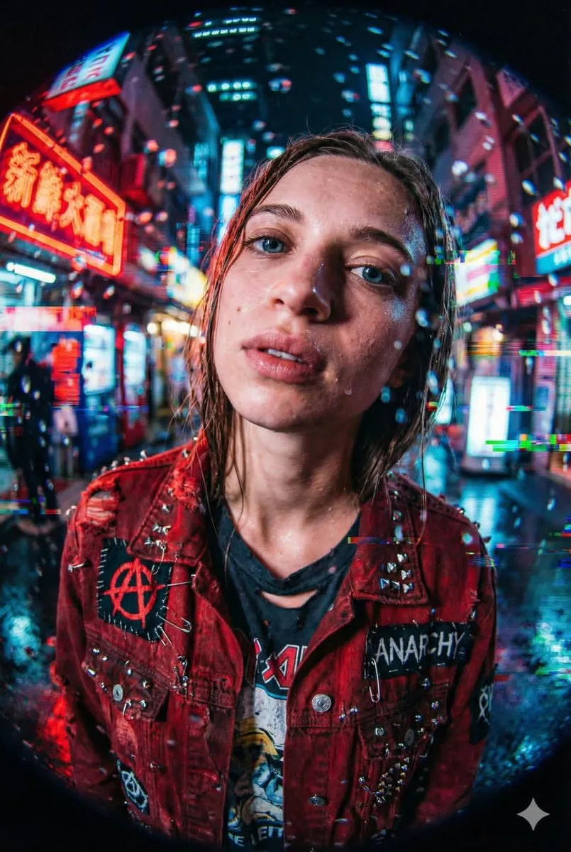 Punk girl running neon rain — After