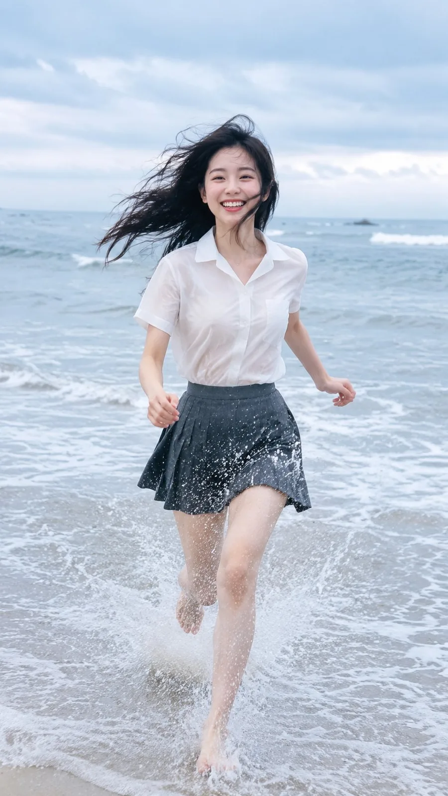 Photorealistic beach running east asian woman portrait — After
