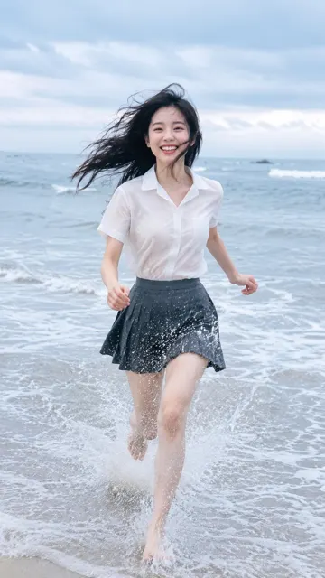 Photorealistic beach running east asian woman portrait