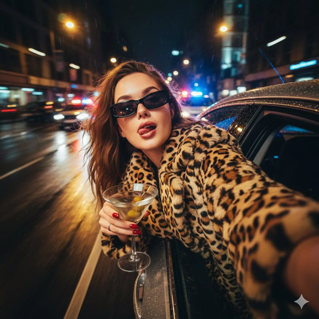Leopard fur rainy night escape selfie — Sonra