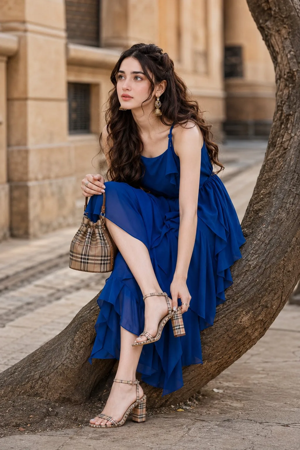 Hyper realistic fashion editorial royal blue dress street photography — Sonra