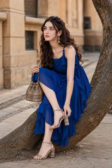 Hyper realistic fashion editorial royal blue dress street photography