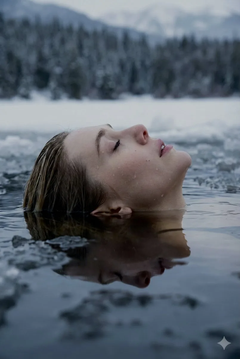 Blonde girl in ice lake realistic — After