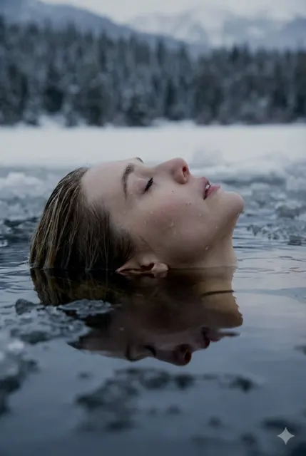 Blonde girl in ice lake realistic