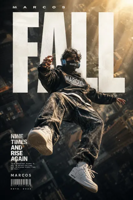 Cinematic streetwear poster floating masked man