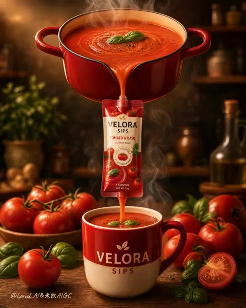 Velora sips premium tomato soup commercial poster