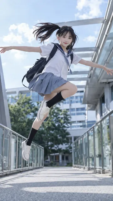 Japanese high school senior leaping campus portrait
