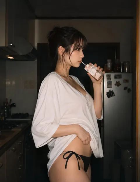 Night kitchen break east asian woman portrait