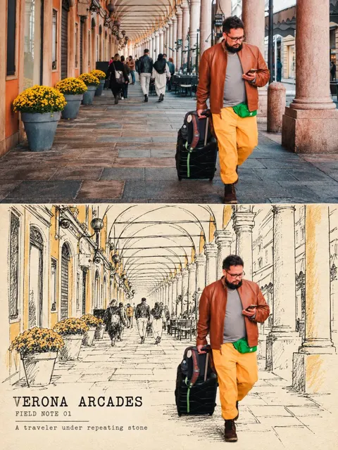Real traveler embedded in hand drawn location poster