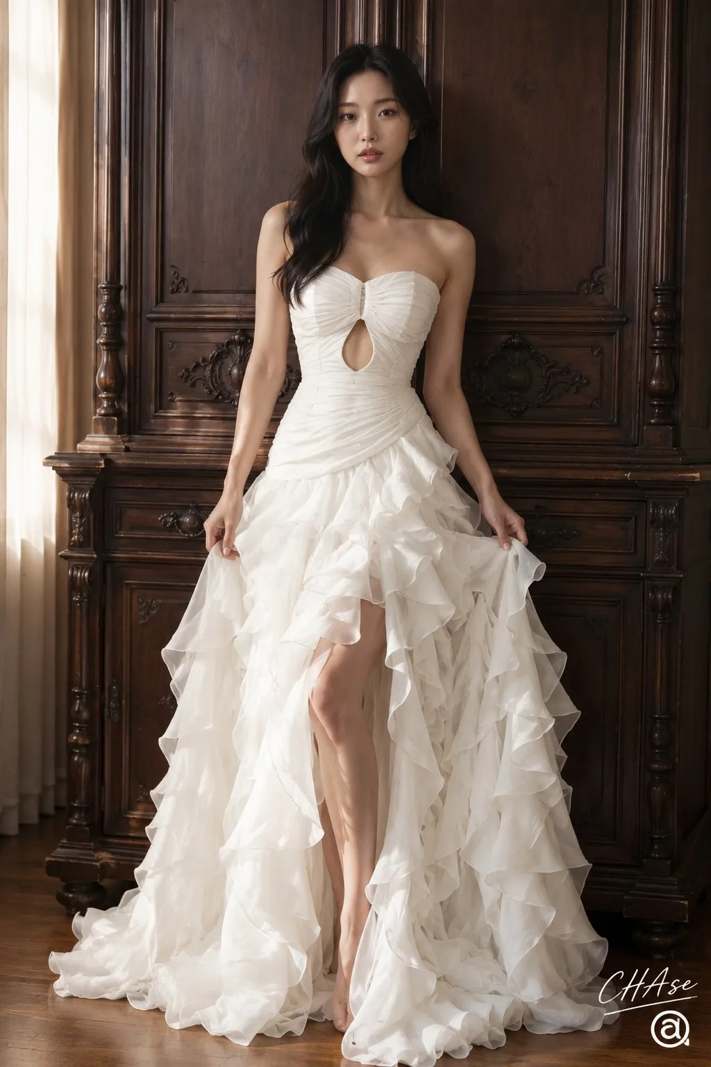 Classic white gown antique wood portrait — Sonra