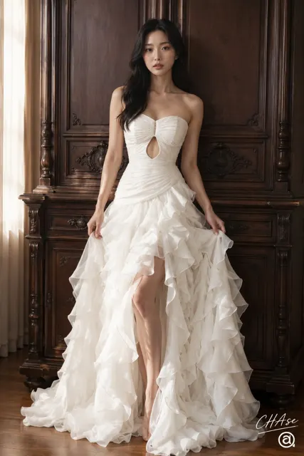 Classic white gown antique wood portrait