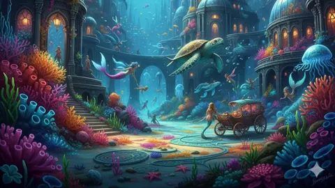 Whimsical underwater city mermaid