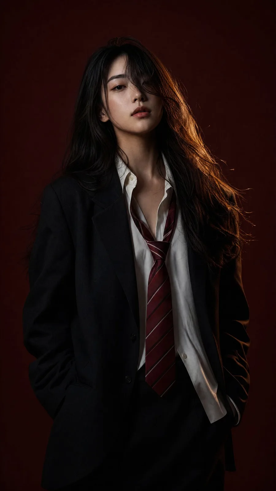 East asian fashion portrait red lighting — Sonra