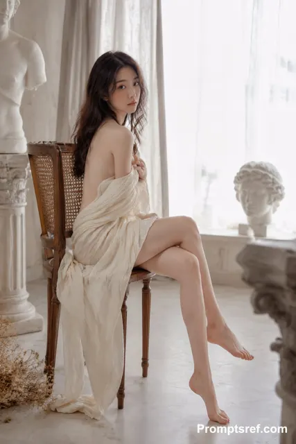 Moody woman on antique chair sculpture studio prompt