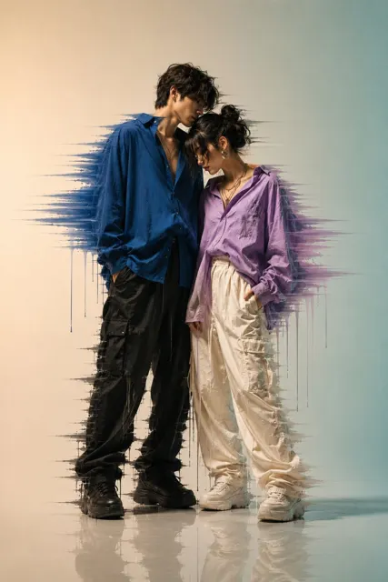 Ultra realistic editorial fashion couple abstract art style