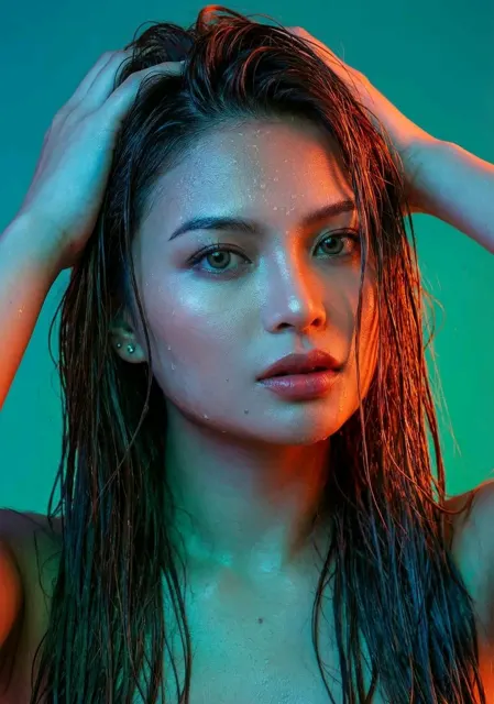 Wet hair orange blue portrait