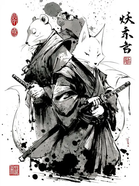 Japanese sumi e fox rat samurai illustration