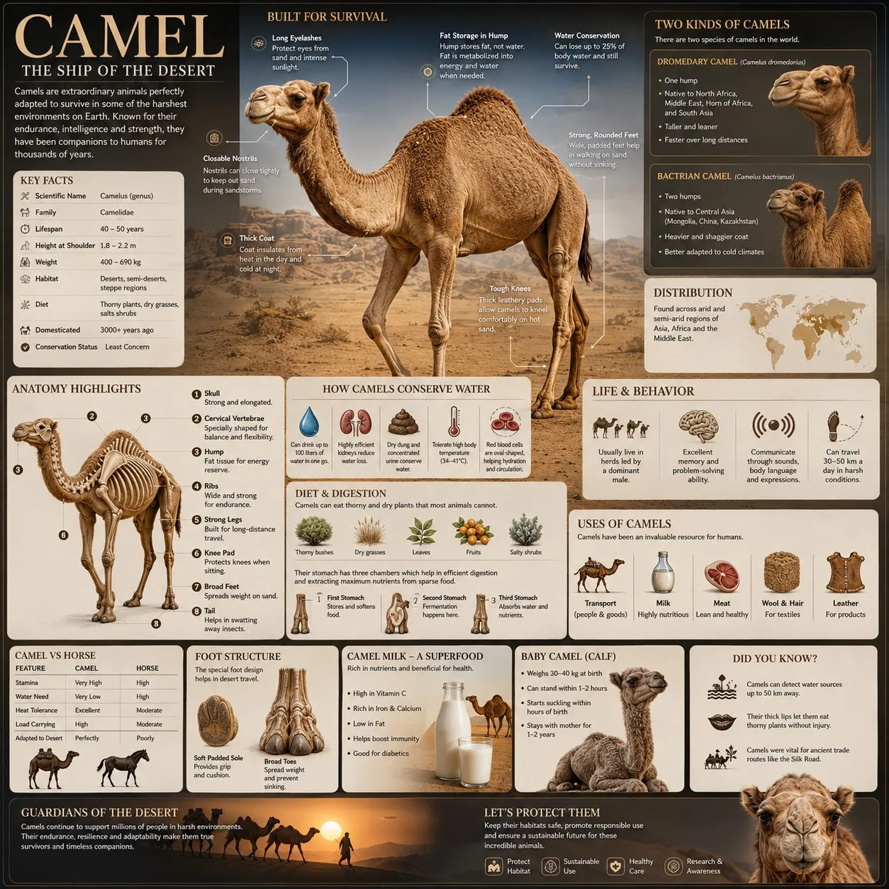 Premium camel wildlife infographic handbook page — Sonra