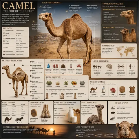 Premium camel wildlife infographic handbook page
