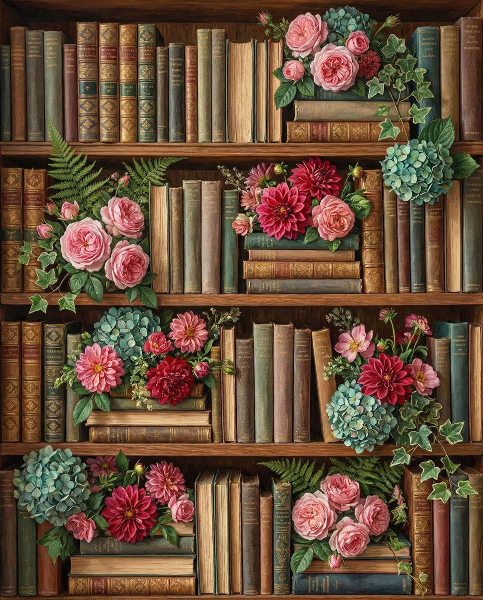 Overhead floral bookshelf — After