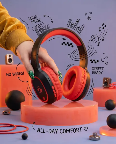 Ultra realistic wireless headphones product photography neon doodles