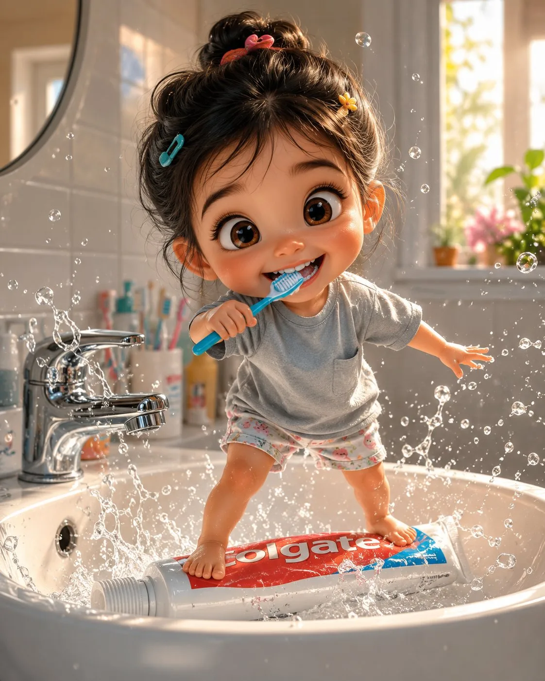 Cute toddler girl brushing teeth 3d illustration — Sonra