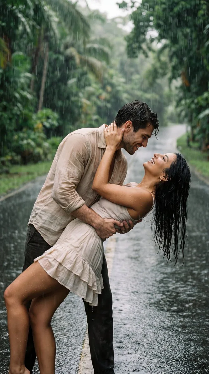 Rainy jungle road couple dance — Sonra