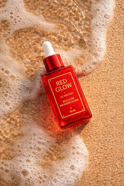 Red serum on golden beach