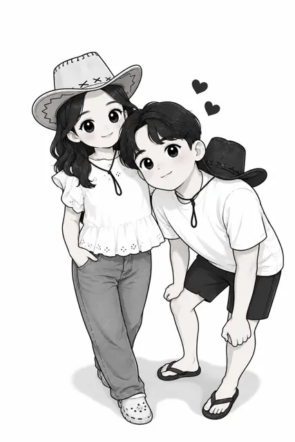 Black and white cute cartoon line art illustration